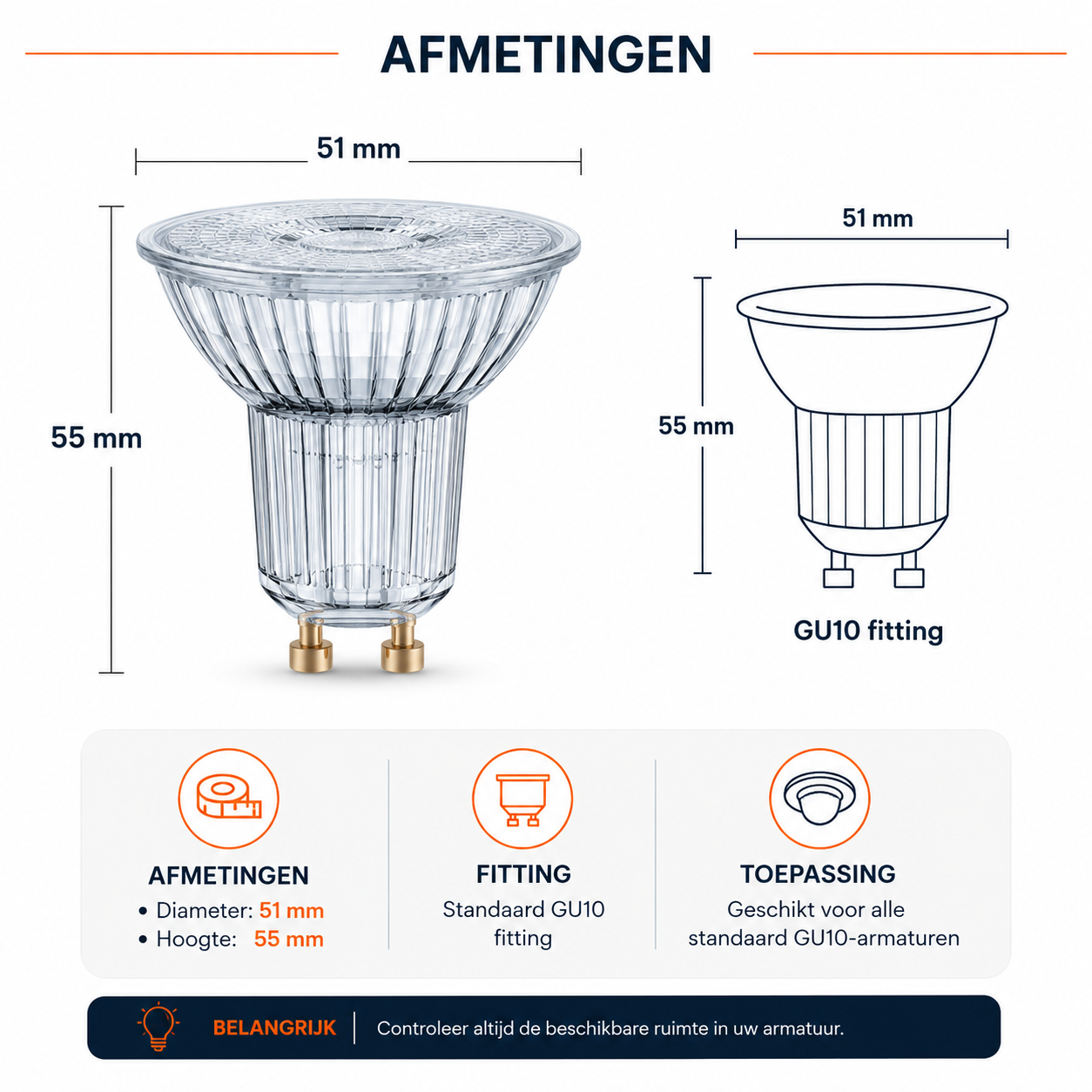 Maatvoering van de OSRAM PARATHOM PAR16 GU10 LED spot 4,3W 2700K met een diameter van 51 mm en een hoogte van 55 mm. Geschikt voor standaard GU10-armaturen.