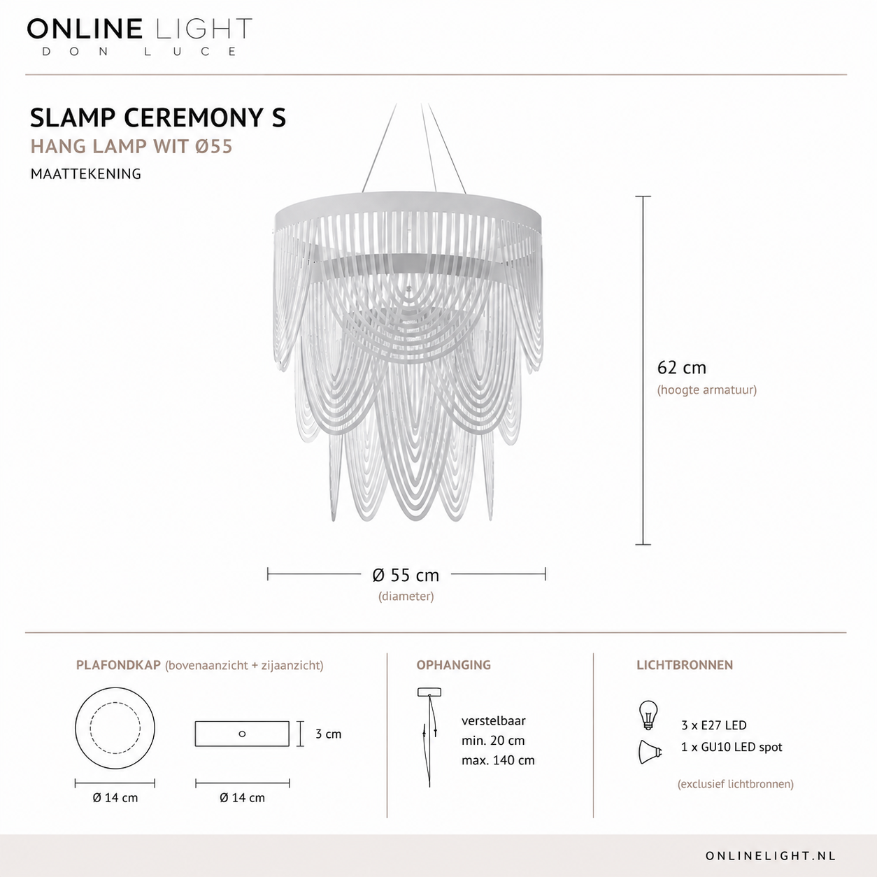 Afmetingen Slamp Ceremony S Ø55 cm wit – hoogte 62 cm